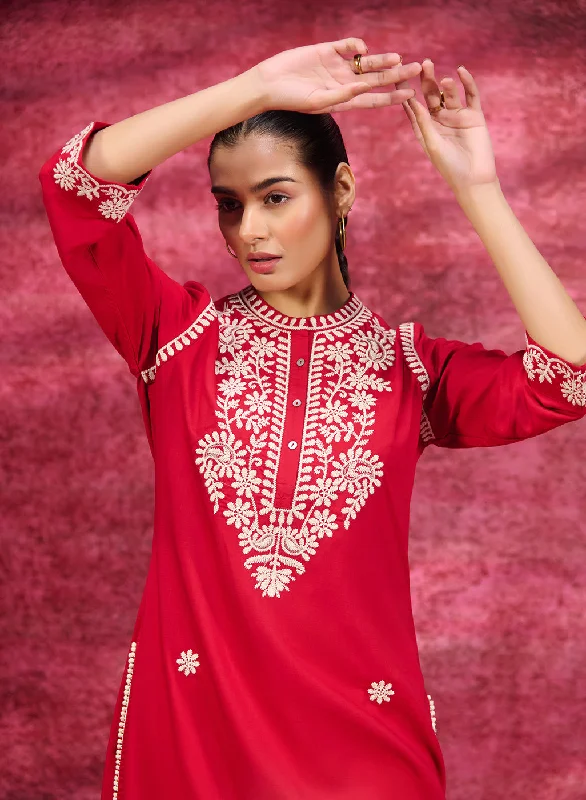 Saadgi Red Embroidered Cotton Linen Tunic for Women