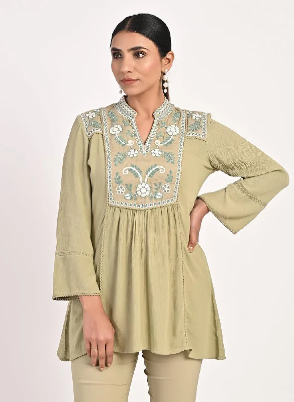 Sage Green Collared Tunic with Embroidery at Yoke