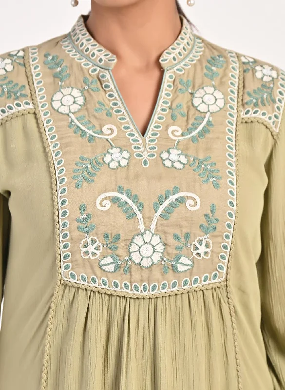 Sage Green Collared Tunic with Embroidery at Yoke