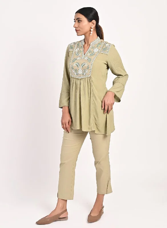 Sage Green Collared Tunic with Embroidery at Yoke