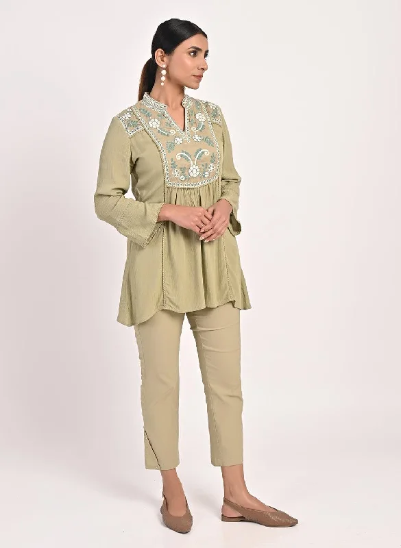 Sage Green Collared Tunic with Embroidery at Yoke