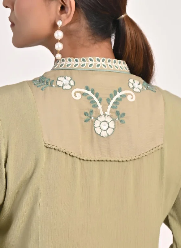 Sage Green Collared Tunic with Embroidery at Yoke