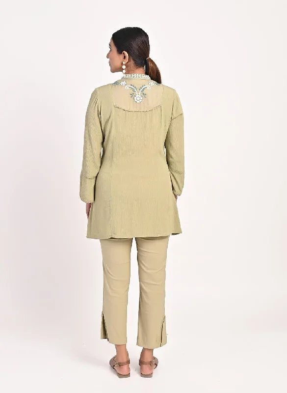 Sage Green Collared Tunic with Embroidery at Yoke