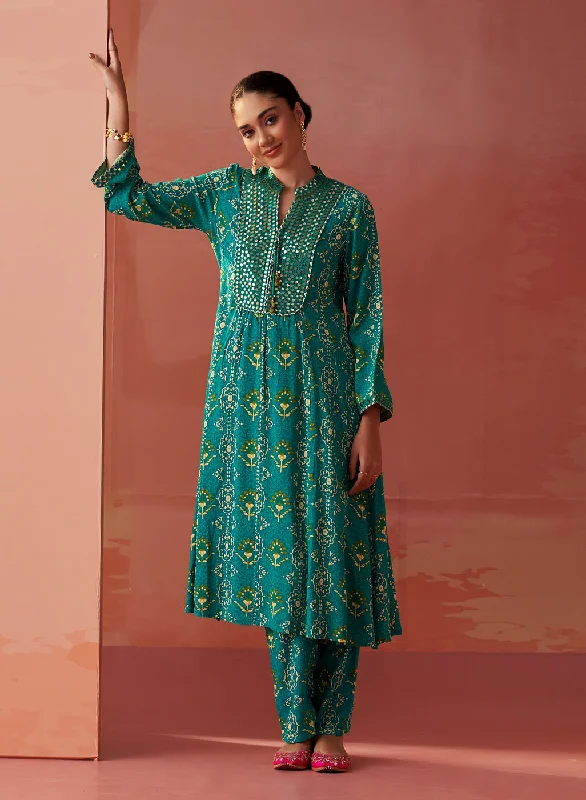 Sania Green Printed Rayon Kurta Set