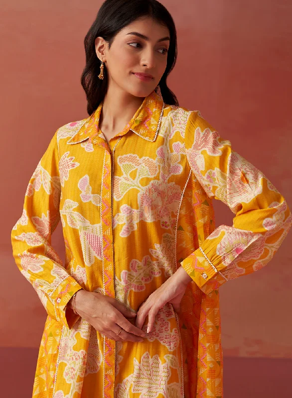 Seher Bright Yellow Printed Chanderi Co-ord Set