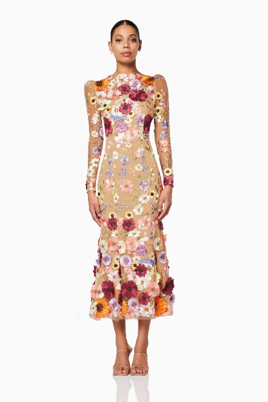 Shannon 3D Floral Midi Dress In Pink