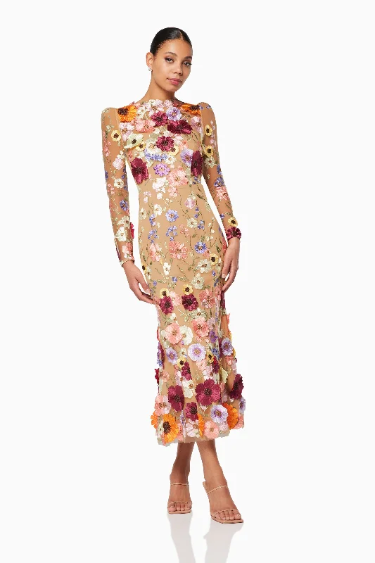 Shannon 3D Floral Midi Dress In Pink