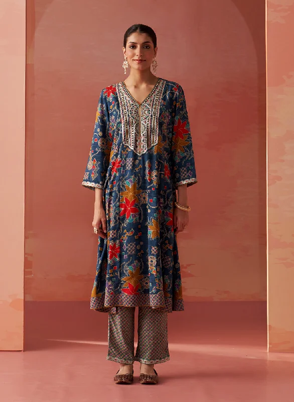 Shibra Blue Printed Rayon Kurta Set