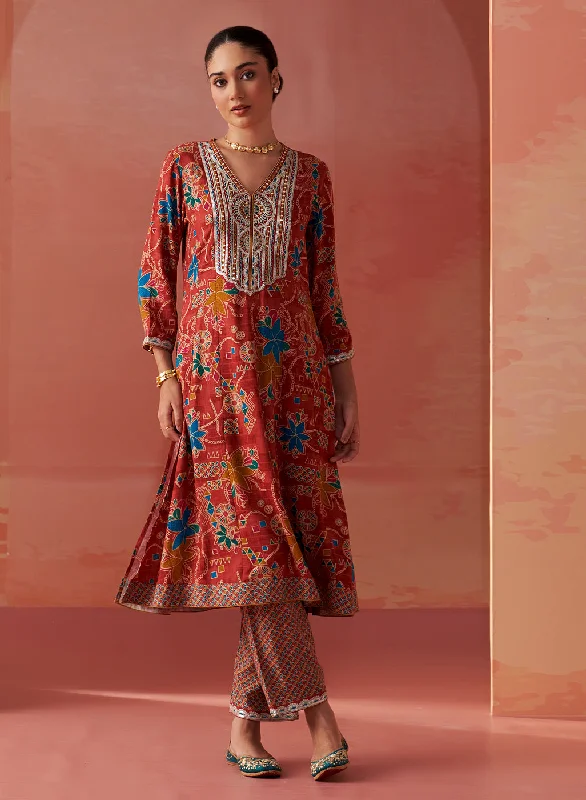 Shibra Brick Red Printed Rayon Kurta Set