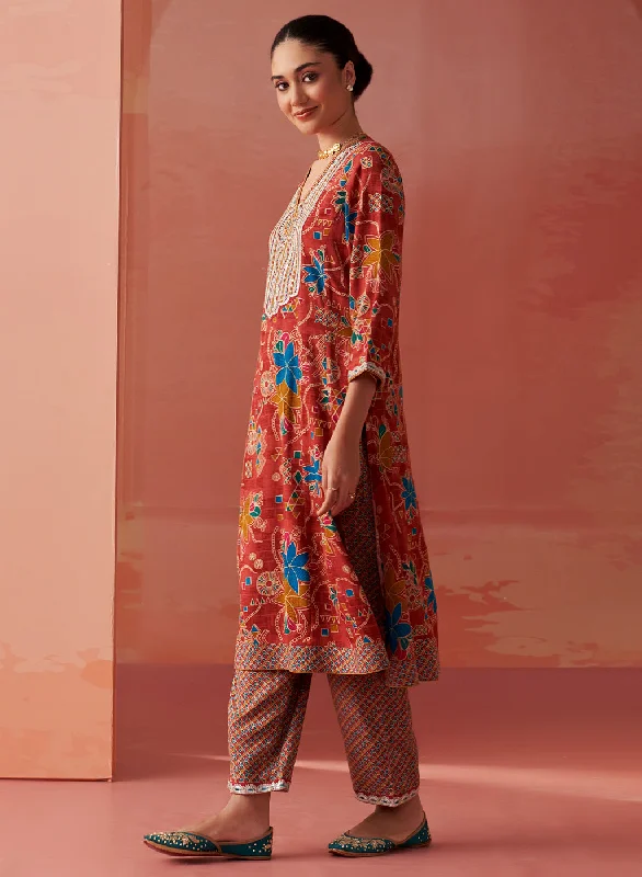 Shibra Brick Red Printed Rayon Kurta Set