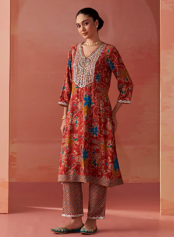 Shibra Brick Red Printed Rayon Kurta Set