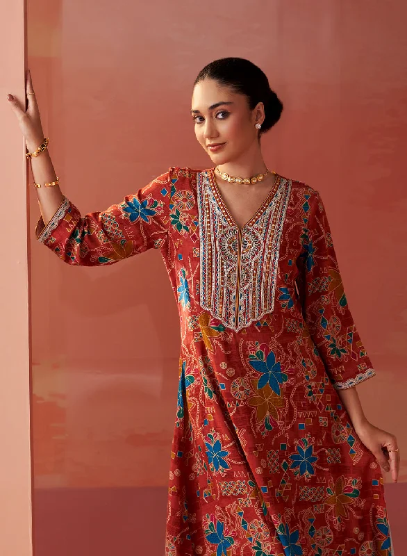 Shibra Brick Red Printed Rayon Kurta Set