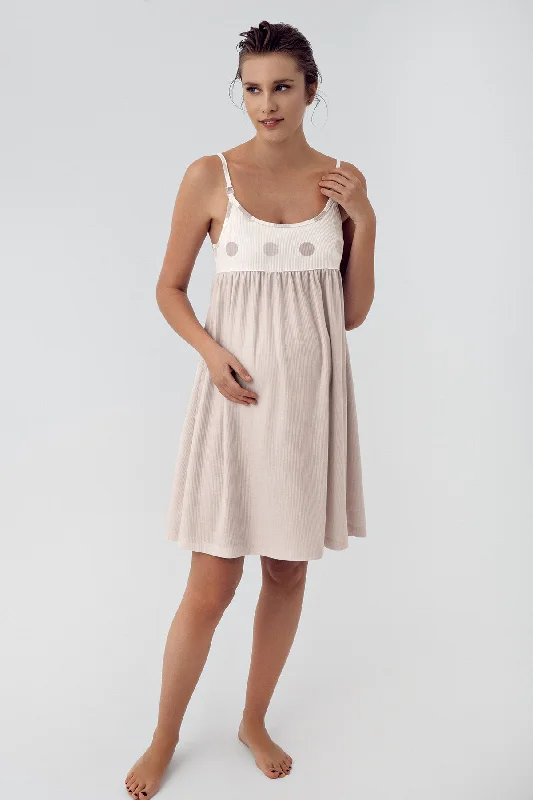 Shopymommy 16101 Polka Dot Strap Maternity & Nursing Nightgown Beige