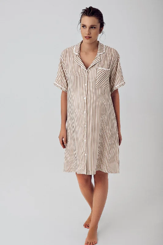 Shopymommy 16103 Striped Maternity & Nursing Nightgown Beige