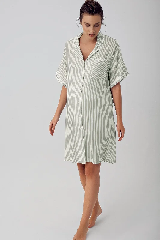 Shopymommy 16103 Striped Maternity & Nursing Nightgown Green