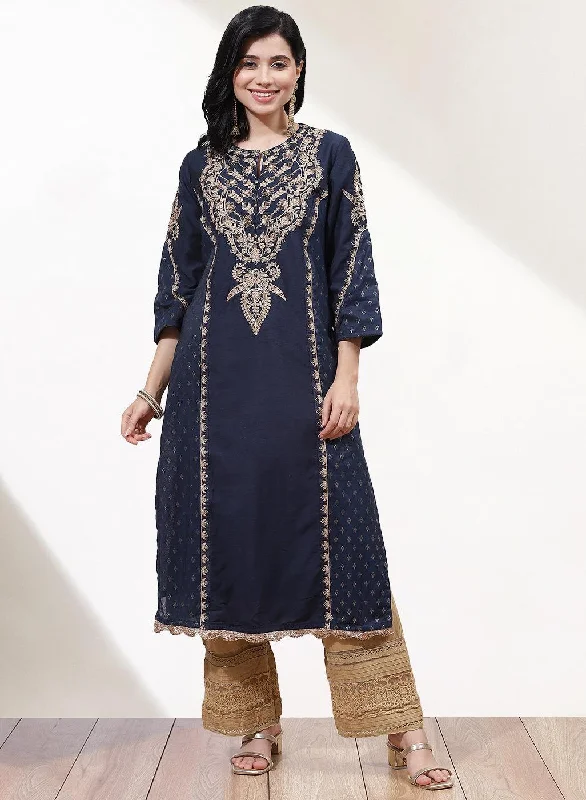 Slate Grey Printed Kurta With Embroidery