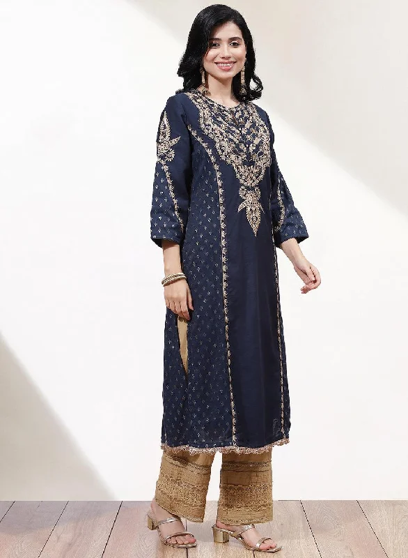 Slate Grey Printed Kurta With Embroidery