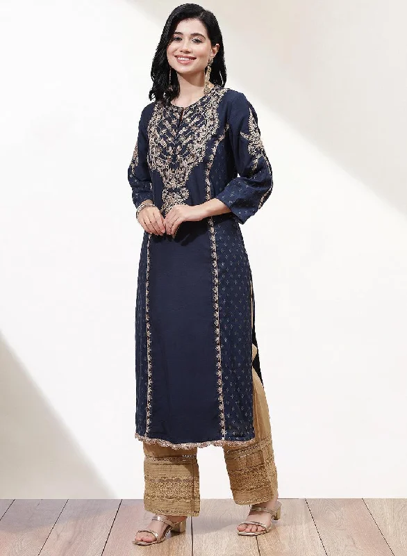 Slate Grey Printed Kurta With Embroidery