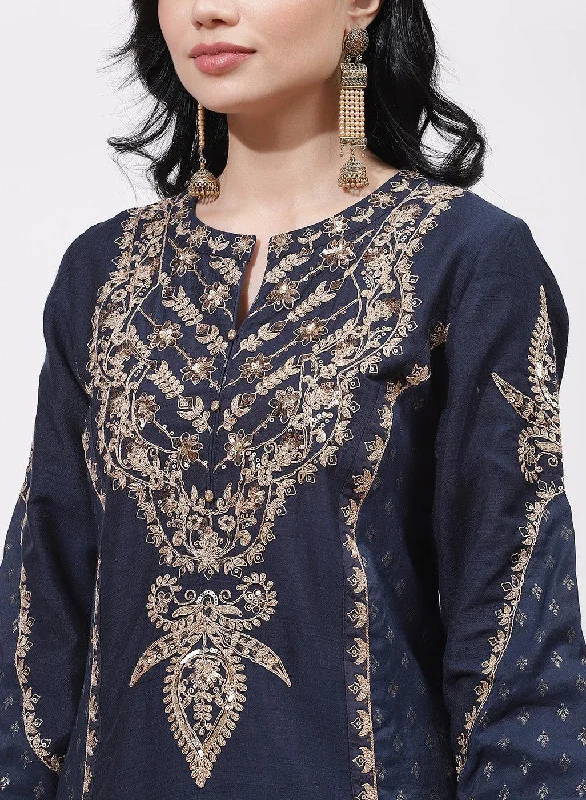 Slate Grey Printed Kurta With Embroidery