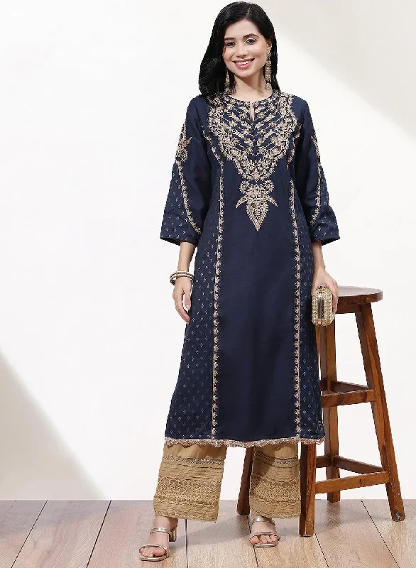 Slate Grey Printed Kurta With Embroidery