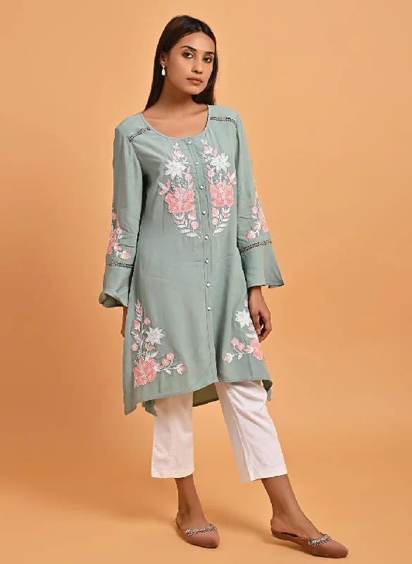 Spa Blue Patchwork Embroidered Tunic with Asymmetrical Hemline