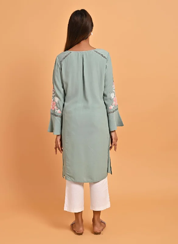 Spa Blue Patchwork Embroidered Tunic with Asymmetrical Hemline