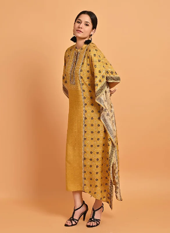 Spicy Mustard Printed Straight Kaftan