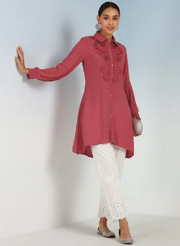 Watermelon Pink Kurti with Curved Hem and Pleated Sleeves