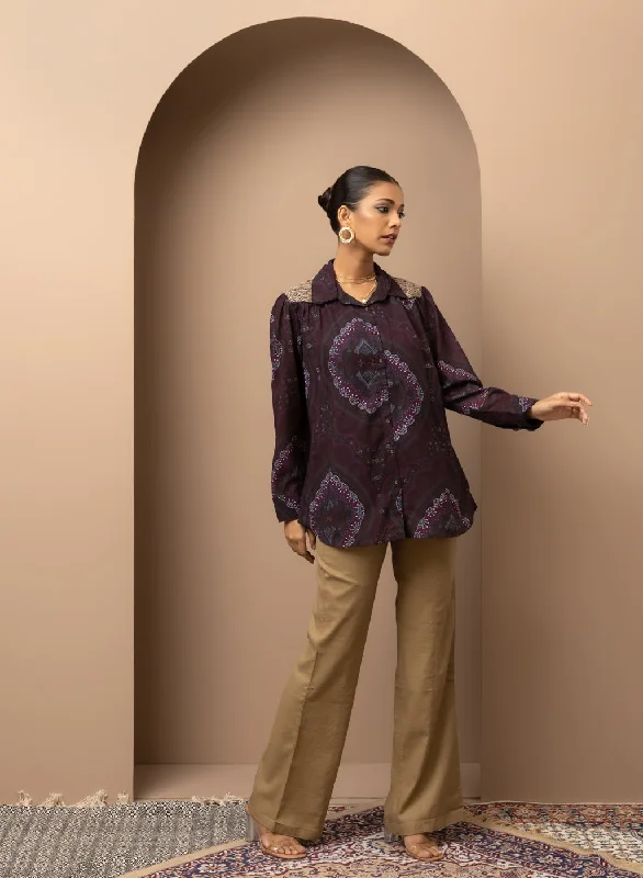 Wine Chiffon Shirt with Zari Embroidery