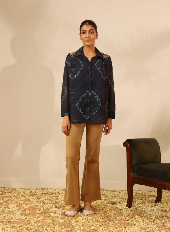 Yale Blue Chiffon Shirt with Zari Embroidery