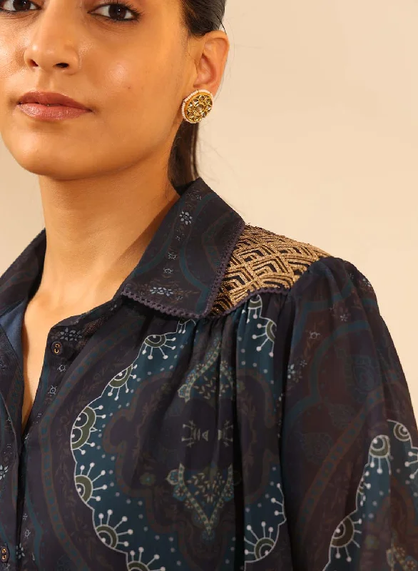 Yale Blue Chiffon Shirt with Zari Embroidery