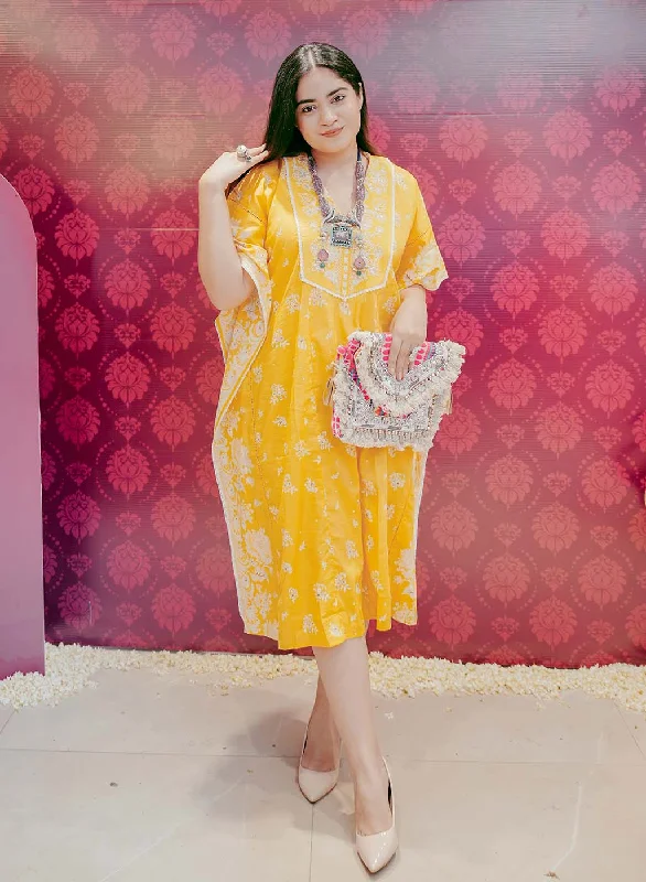 Yellow Cotton Printed Kaftan Kurta with Embroidery