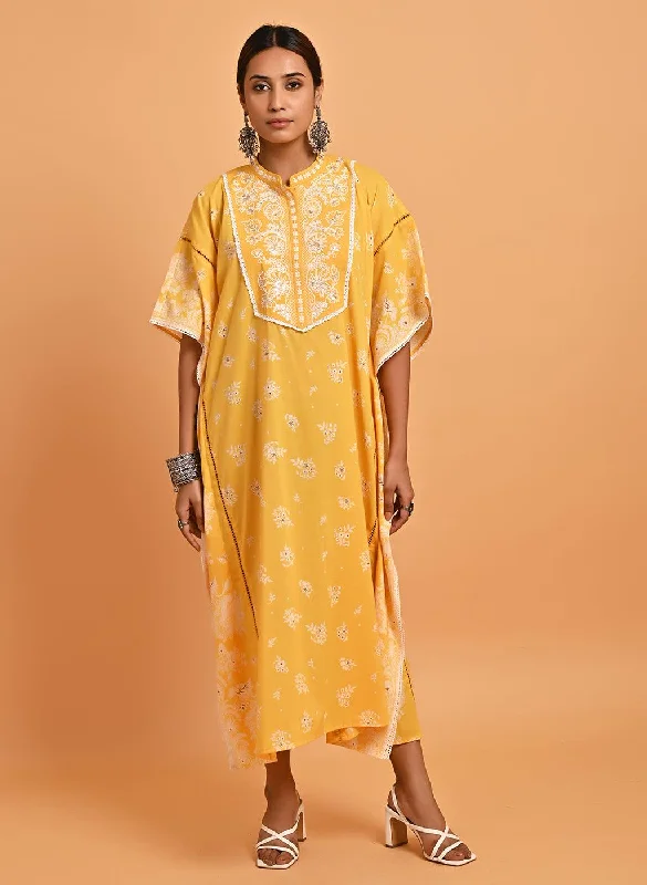 Yellow Cotton Printed Kaftan Kurta with Embroidery