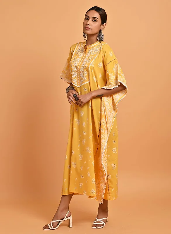 Yellow Cotton Printed Kaftan Kurta with Embroidery