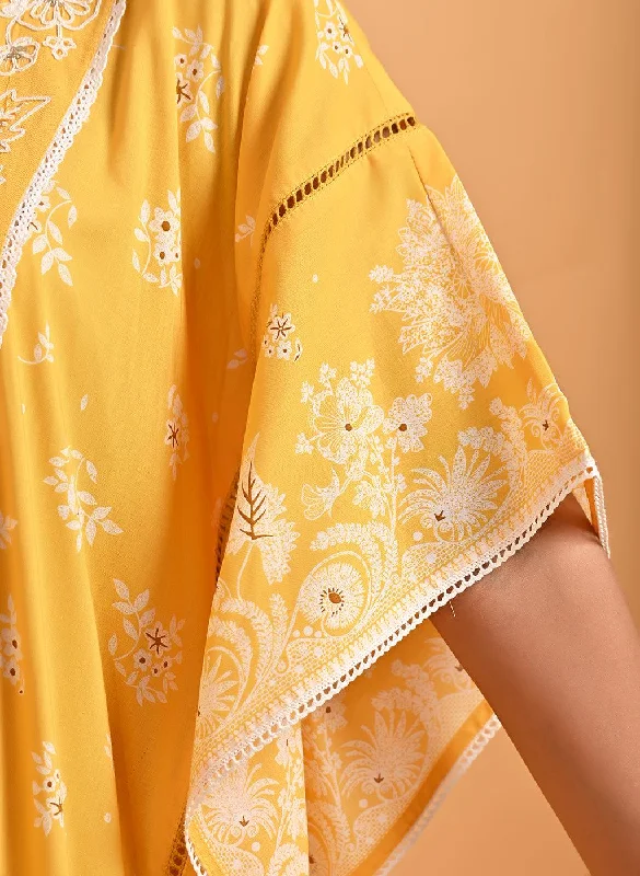 Yellow Cotton Printed Kaftan Kurta with Embroidery