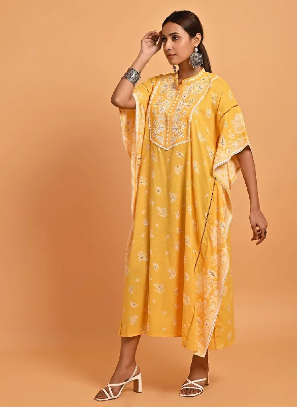 Yellow Cotton Printed Kaftan Kurta with Embroidery