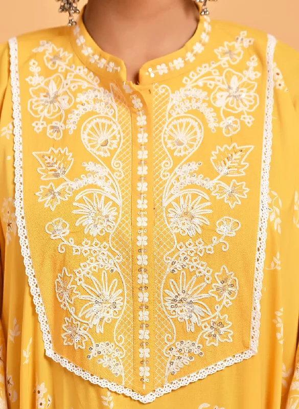 Yellow Cotton Printed Kaftan Kurta with Embroidery