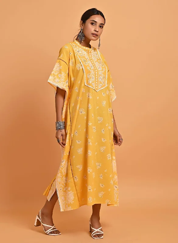 Yellow Cotton Printed Kaftan Kurta with Embroidery