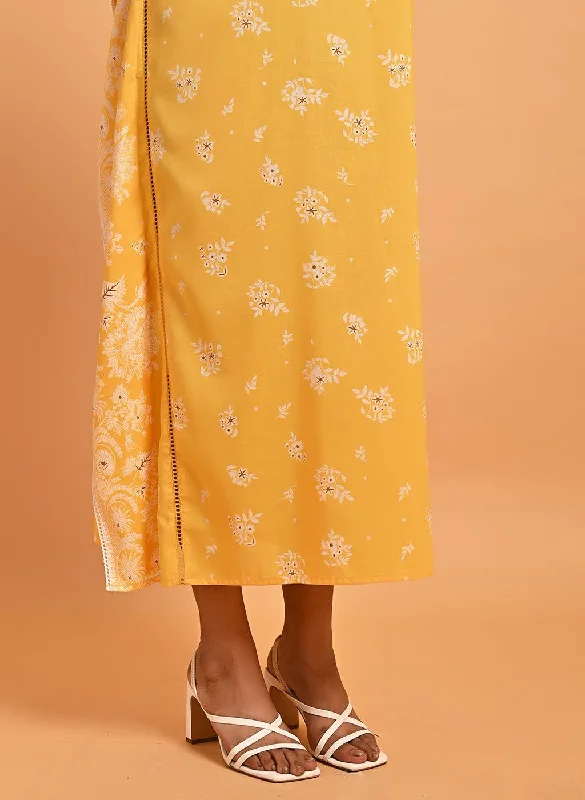 Yellow Cotton Printed Kaftan Kurta with Embroidery