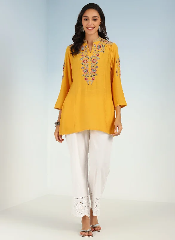 Yellow Floral Tunic with Shoulder Gathers