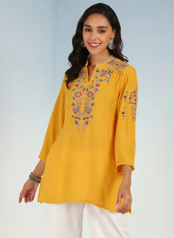 Yellow Floral Tunic with Shoulder Gathers