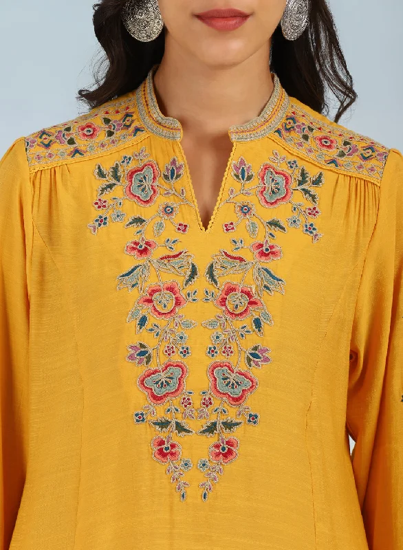 Yellow Floral Tunic with Shoulder Gathers