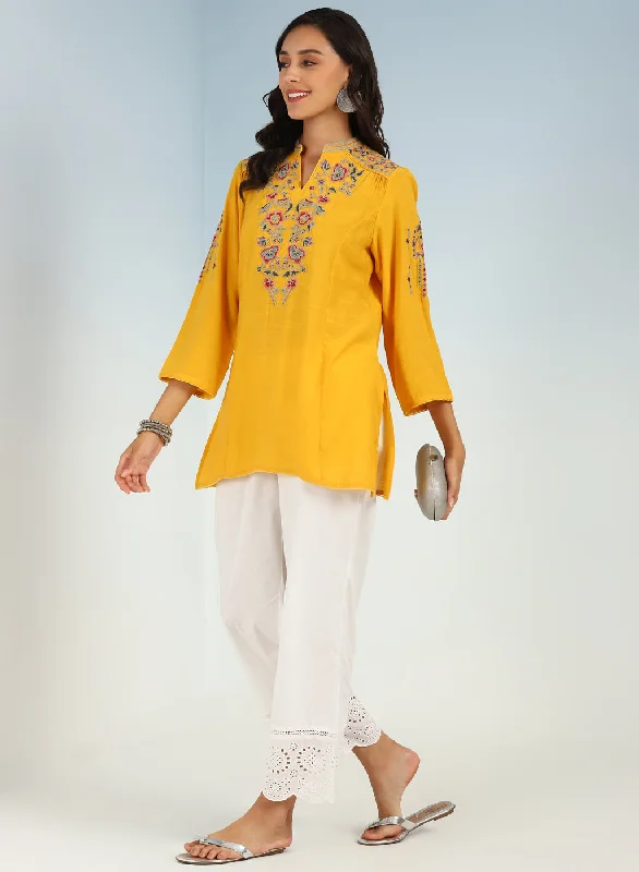 Yellow Floral Tunic with Shoulder Gathers