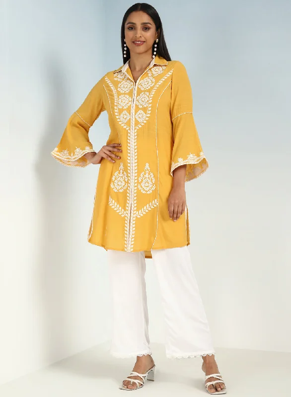 Yellow kurti with Dori work and Bell Sleeves