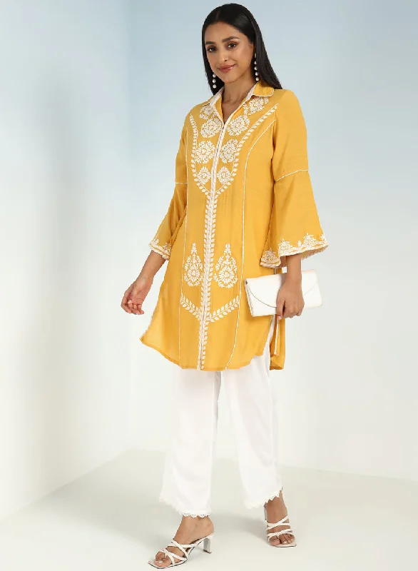 Yellow kurti with Dori work and Bell Sleeves