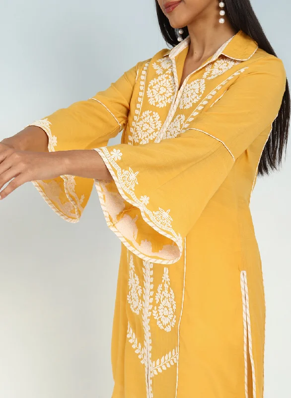 Yellow kurti with Dori work and Bell Sleeves