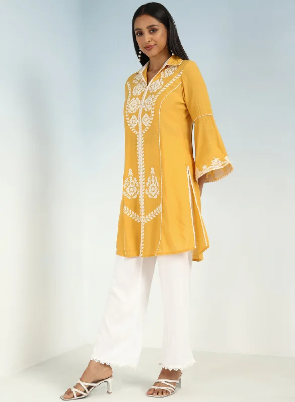 Yellow kurti with Dori work and Bell Sleeves