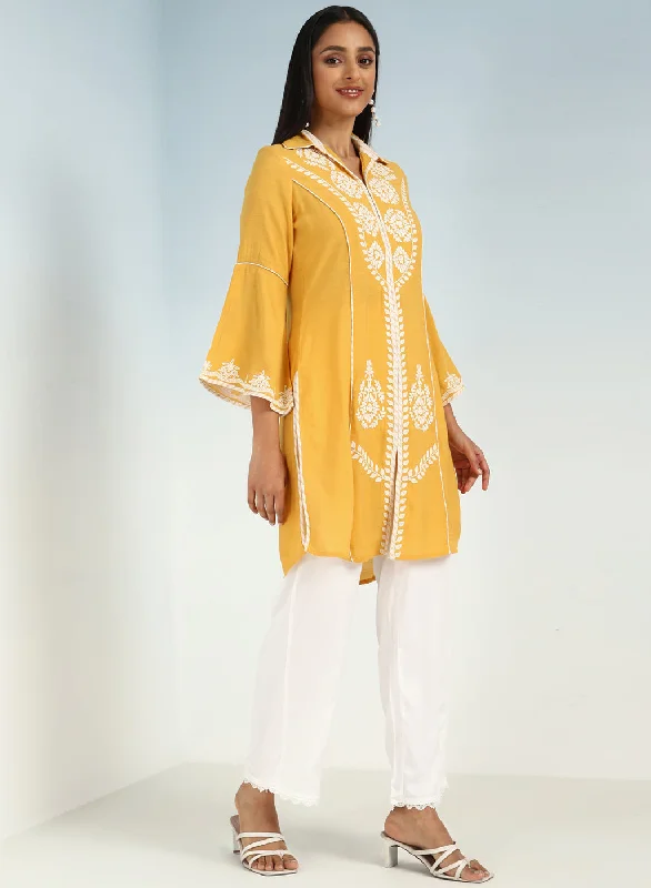 Yellow kurti with Dori work and Bell Sleeves