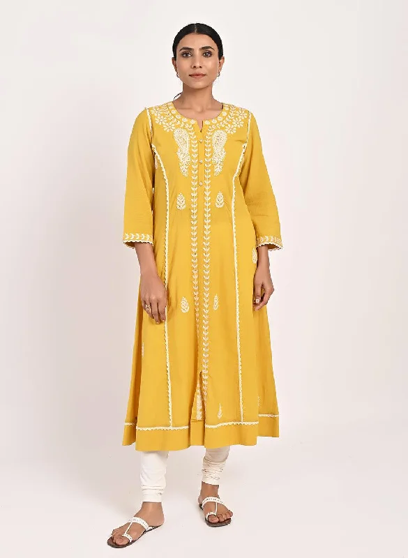 Yellow Round-neck Embroidered Straight Kurta for Women