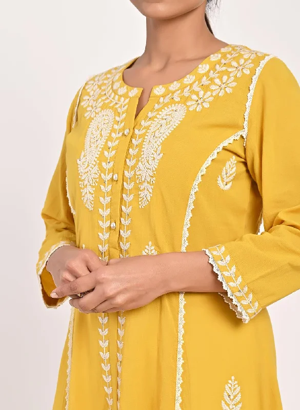 Yellow Round-neck Embroidered Straight Kurta for Women